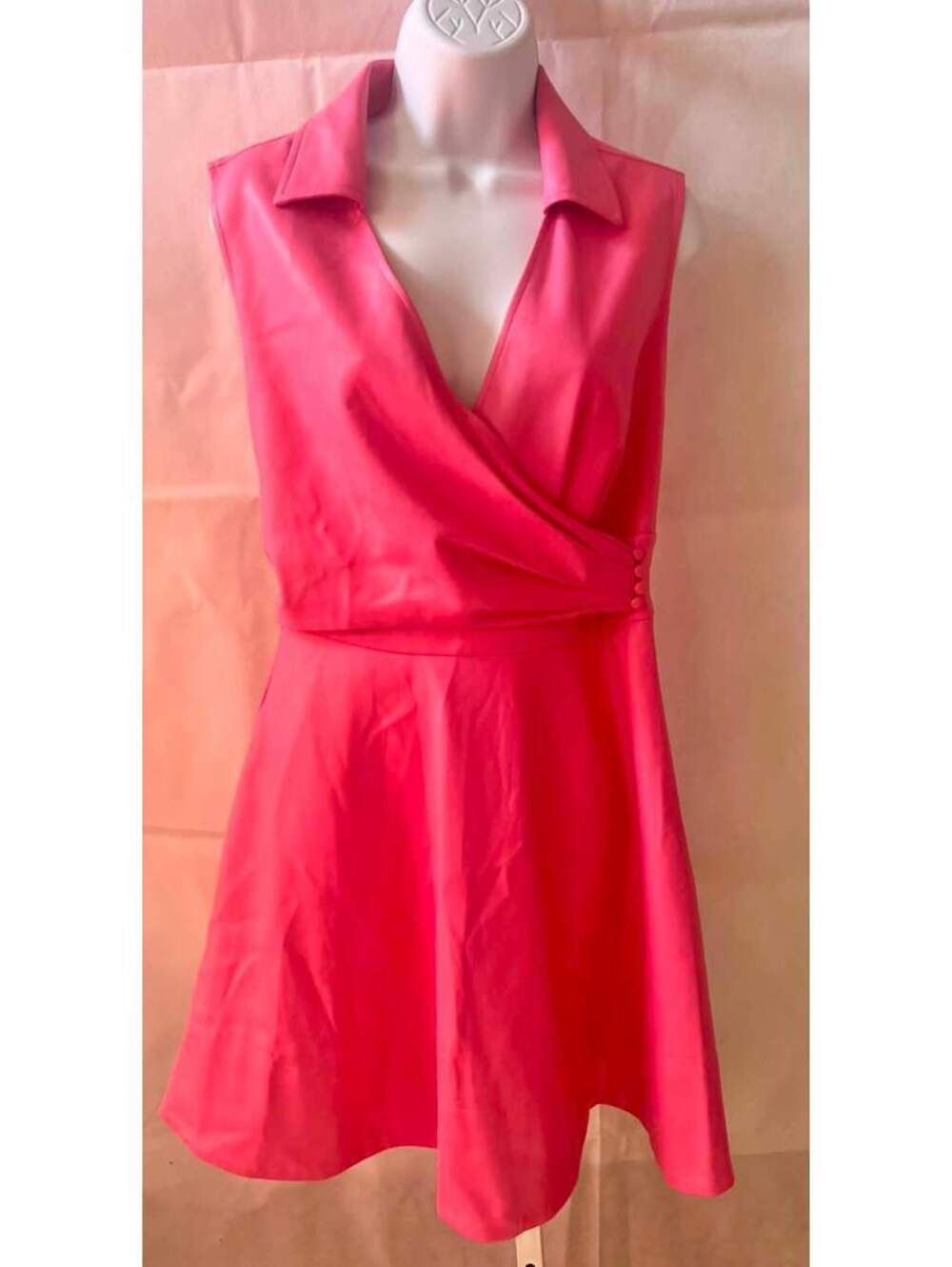 FATE Women’s Pink Faux Leather Sleeveless Wrap Fit & Flare Mini Dress